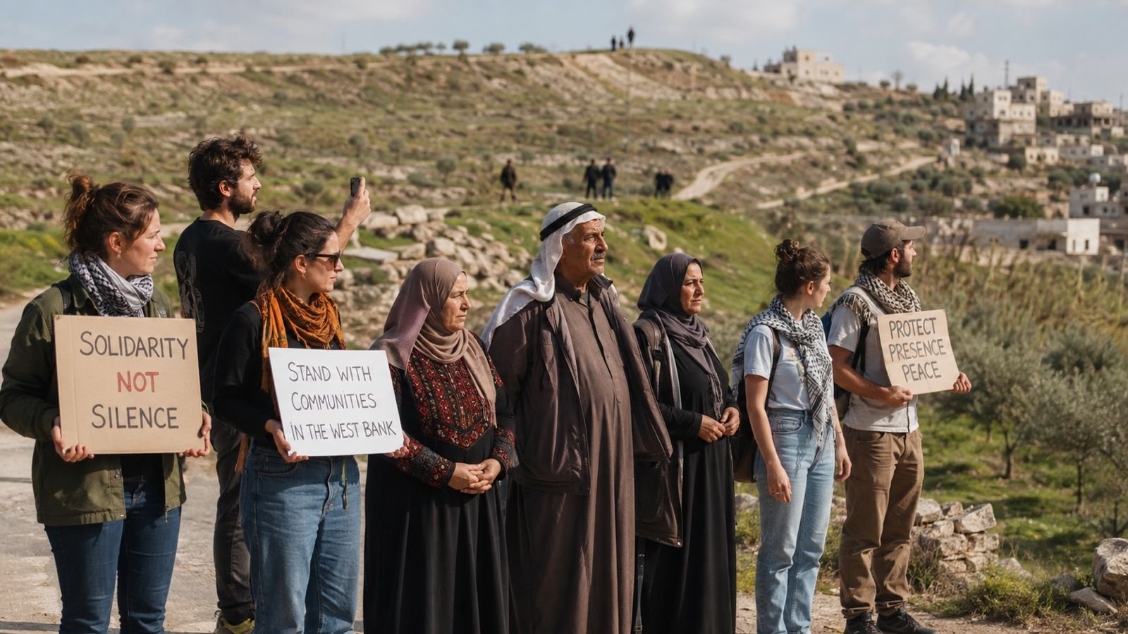 Local residents and international supporters standing with Palestinian communities in the West Bank